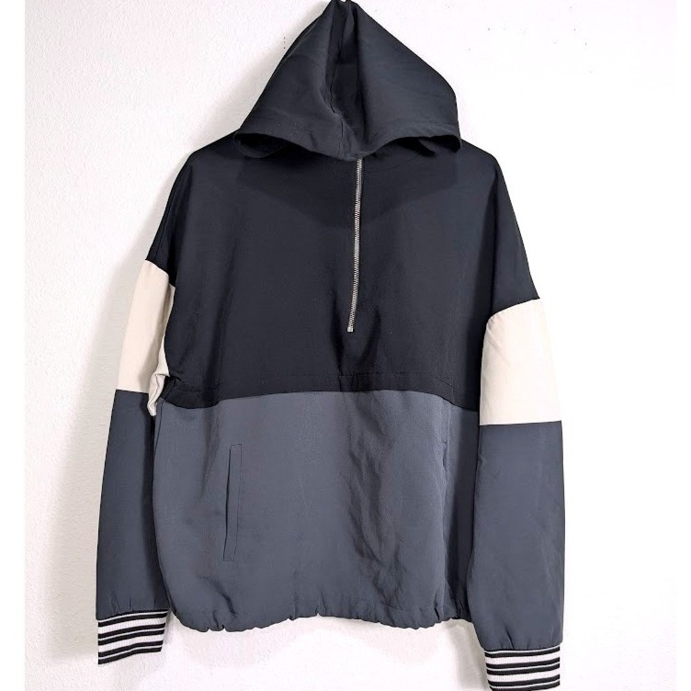 Avia Womens Black Soot Colorblock Quarter Zip Hooded Windbreaker Jacket L 12-14